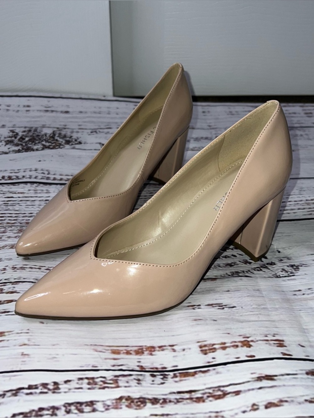 MARC FISHER Nude Patent Pointed Toe Block Heel Pumps - Women